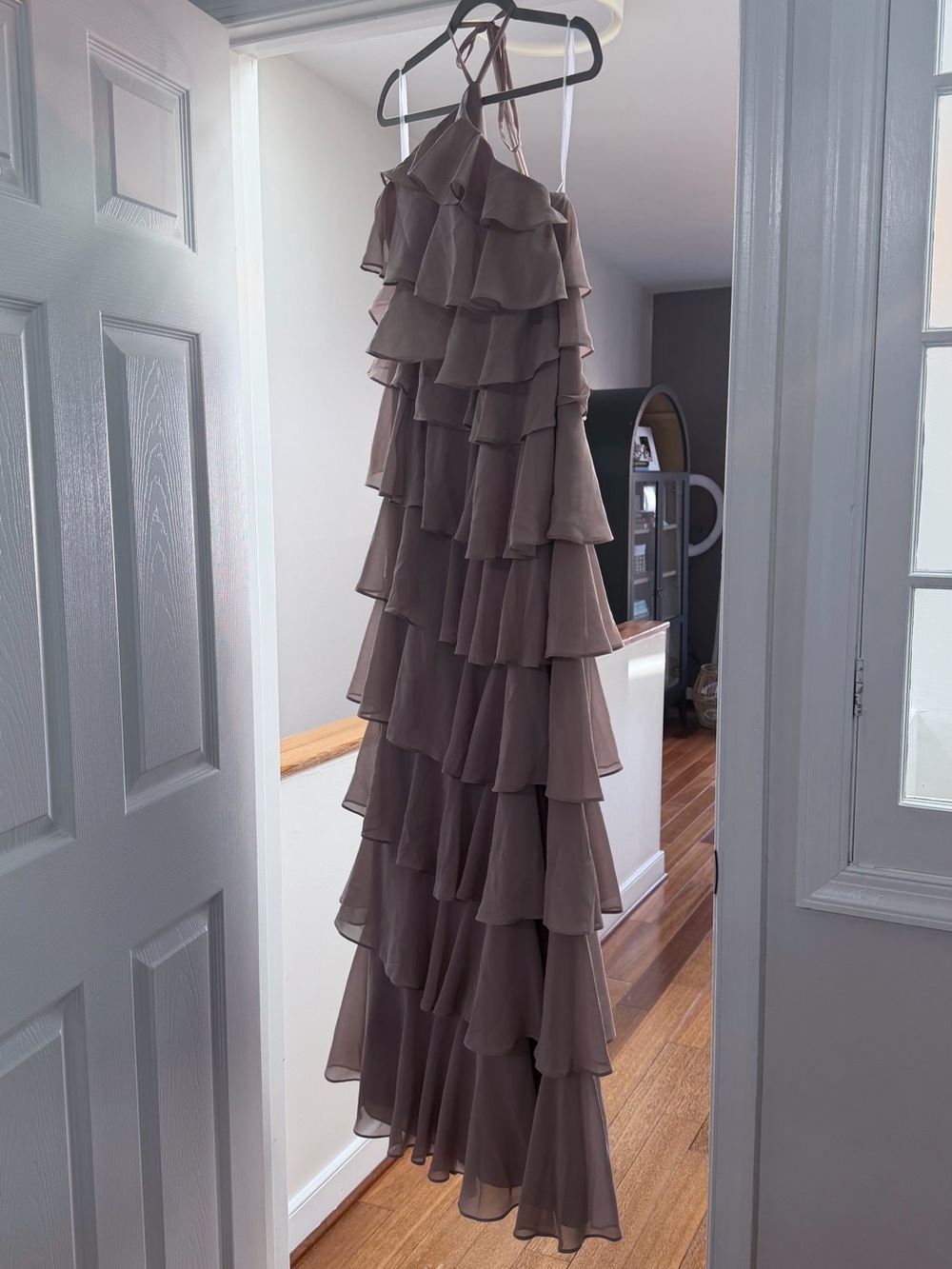 Revelry Taupe Layered Ruffle Halter Gown